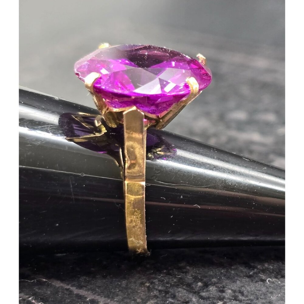 14K Gold Amethyst Solitaire Ring Large Round Gemstone Estate Size 7 HS136
